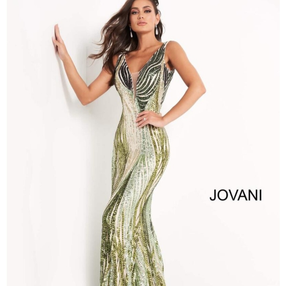 Jovani Green and Gold Sequin Dress